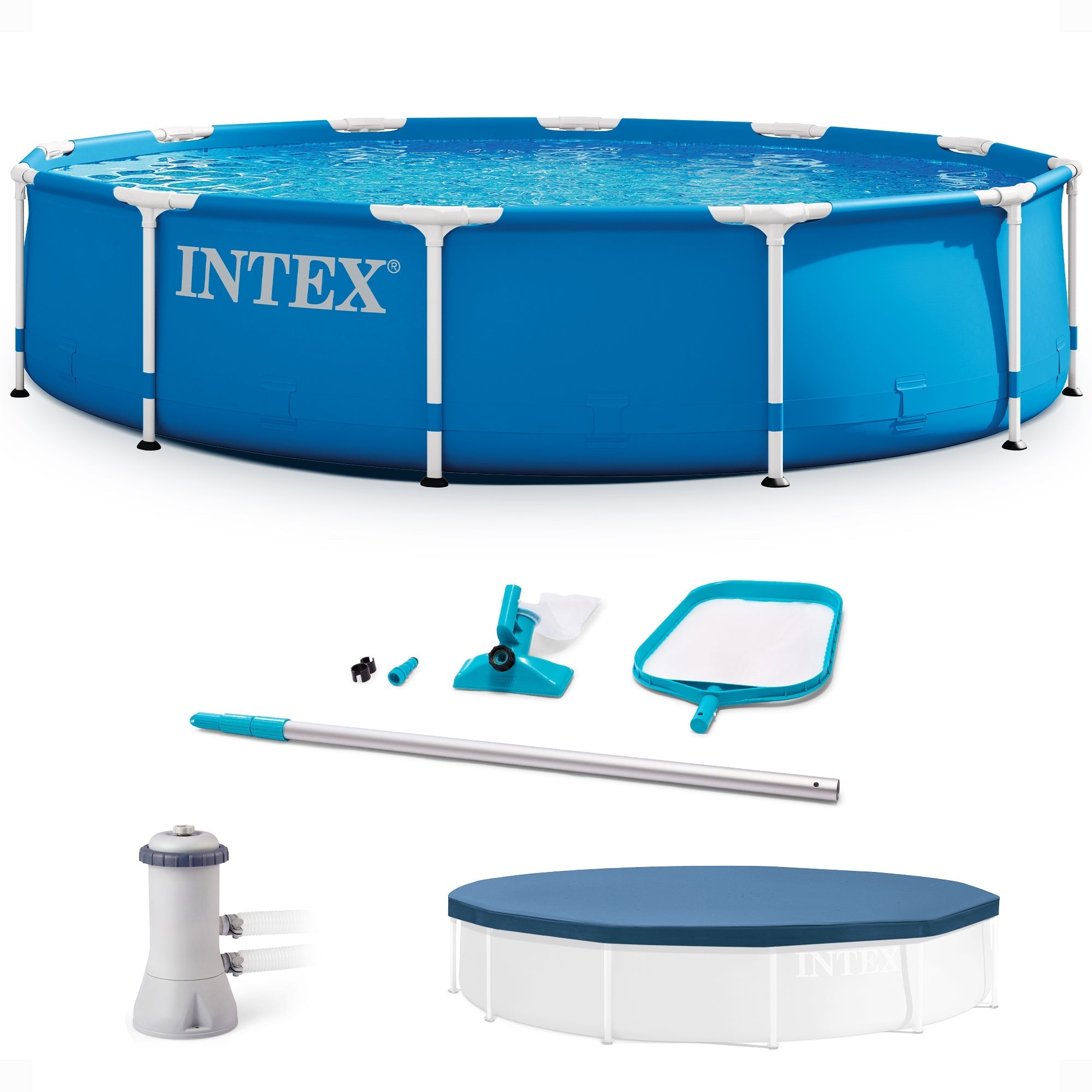 INTEX 12' x 30" Metal Frame Above Ground Pool, Filter, Cover, & Maintenance Kit